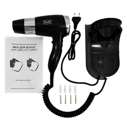 Фен для волос настенный "Puff-1600ВlB", черный, 1,6 кВт, с розеткой 0405.013